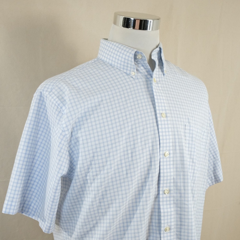 Stafford 16.5 Regular Fit Wrinkle Free Oxford Shirt Blue Gingham Short Sleeve
